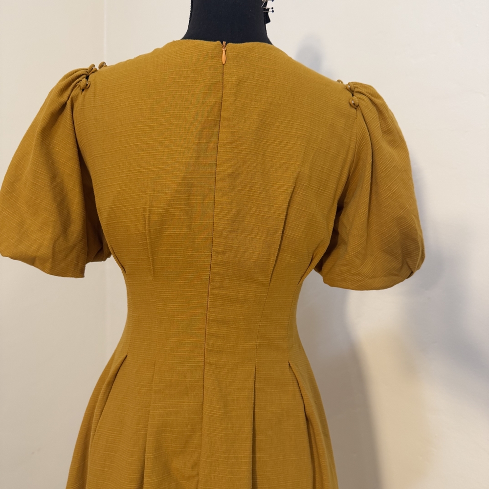 Elegant Mustard Puff Sleeve Dress - Picture 2 of 12